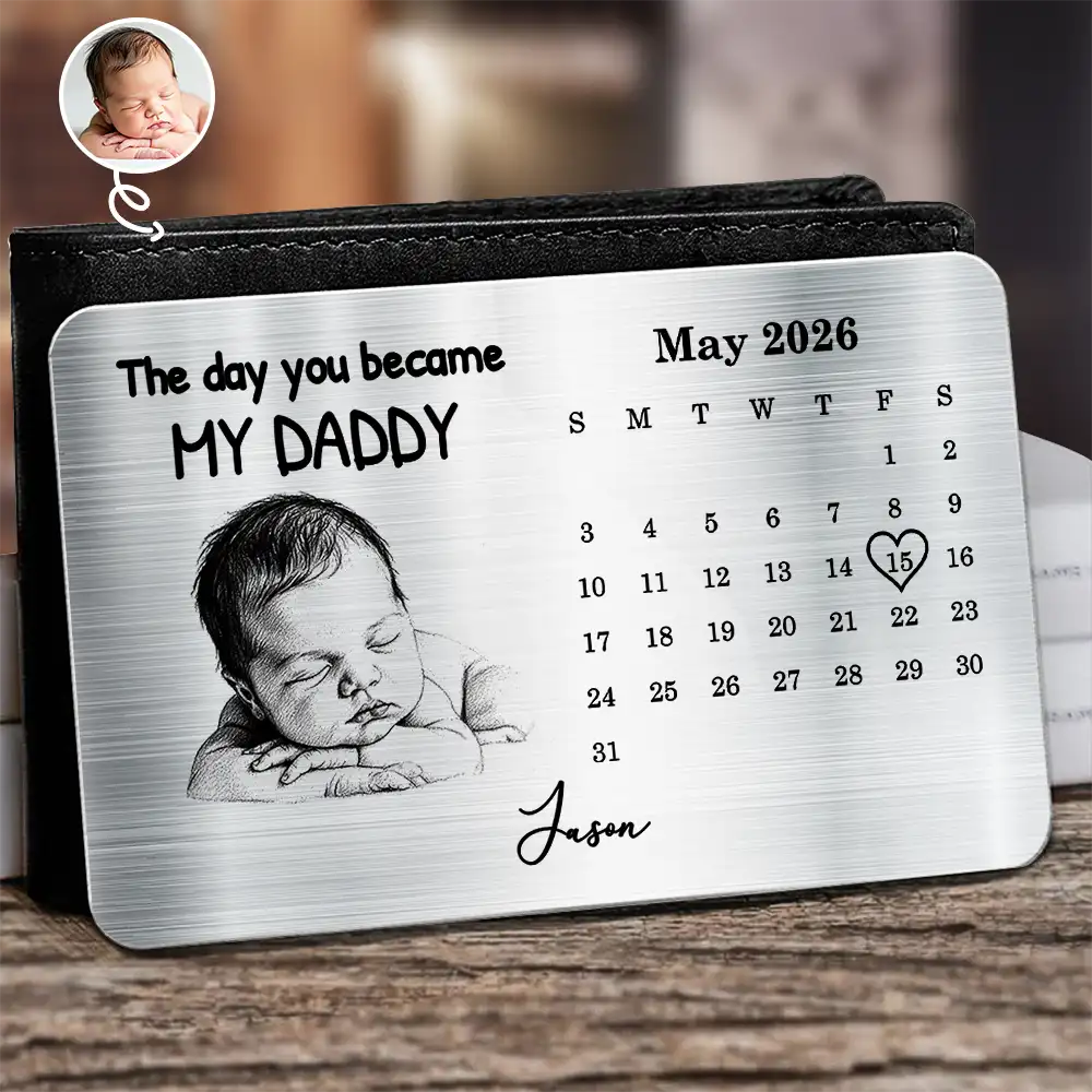 Custom Photo Pencil Sketch Calendar The Day You Became My Mom Dad - Personalized Aluminum Wallet Card