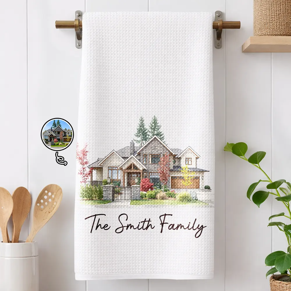 Custom Photo,Art Design,Family,Cozy,Photo - Colored Pencil  - Custom Photo Colored Pencil Sketch Our First Home Family Parents - Personalized Kitchen Towel