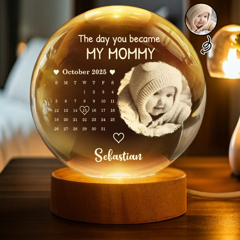 Custom Photo,New baby,New Mom,New Dad,Happy - Custom Photo Calendar The Day You Became My Mommy - Personalized Crystal Globe Lamp