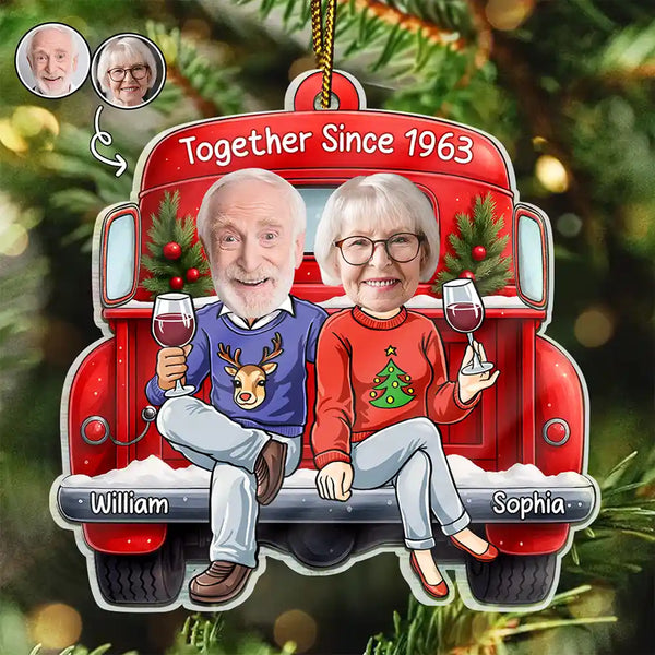 Gift For Couples,Old Couples,Funny,Christmas,Gift For Husband,Gift For Wife - Custom Photo Together Since Funny Couple Red Truck - Personalized Custom Shaped Acrylic Ornament
