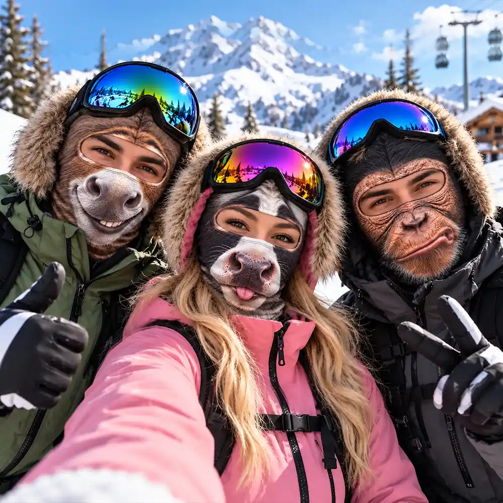 Winter Skiing Gag Gift For Friends, Family Matching Gear - Personalized 3D Realistic Animal Funny Face Balaclava Face Mask