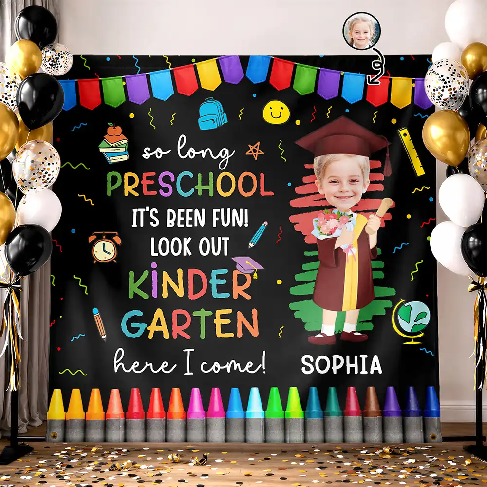 Happy,Gift For Kids,Graduation,Gift For Grandkids,Custom Photo,Funny,Photo,Proud - Custom Photo Here I Come Preschool Kindergarten Graduation - Personalized Backdrop