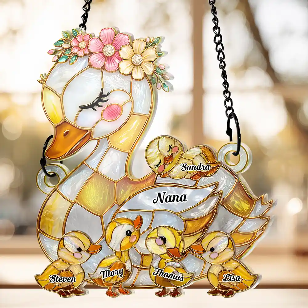 Gift For Grandma,Gift For Mother,Love - Duck Mother Ducklings Stained Glass Effect Mom Grandma - Personalized Window Hanging Suncatcher Ornament
