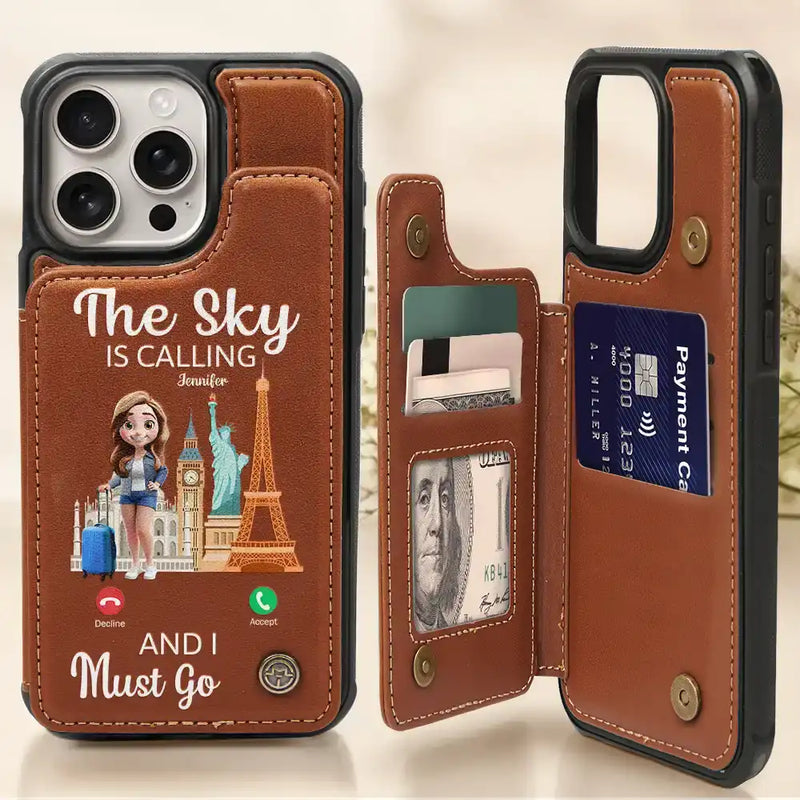 Travel, Gift For Yourself, Happy - The Sky Is Calling And I Must Go - Personalized Leather Flip Wallet Phone Case