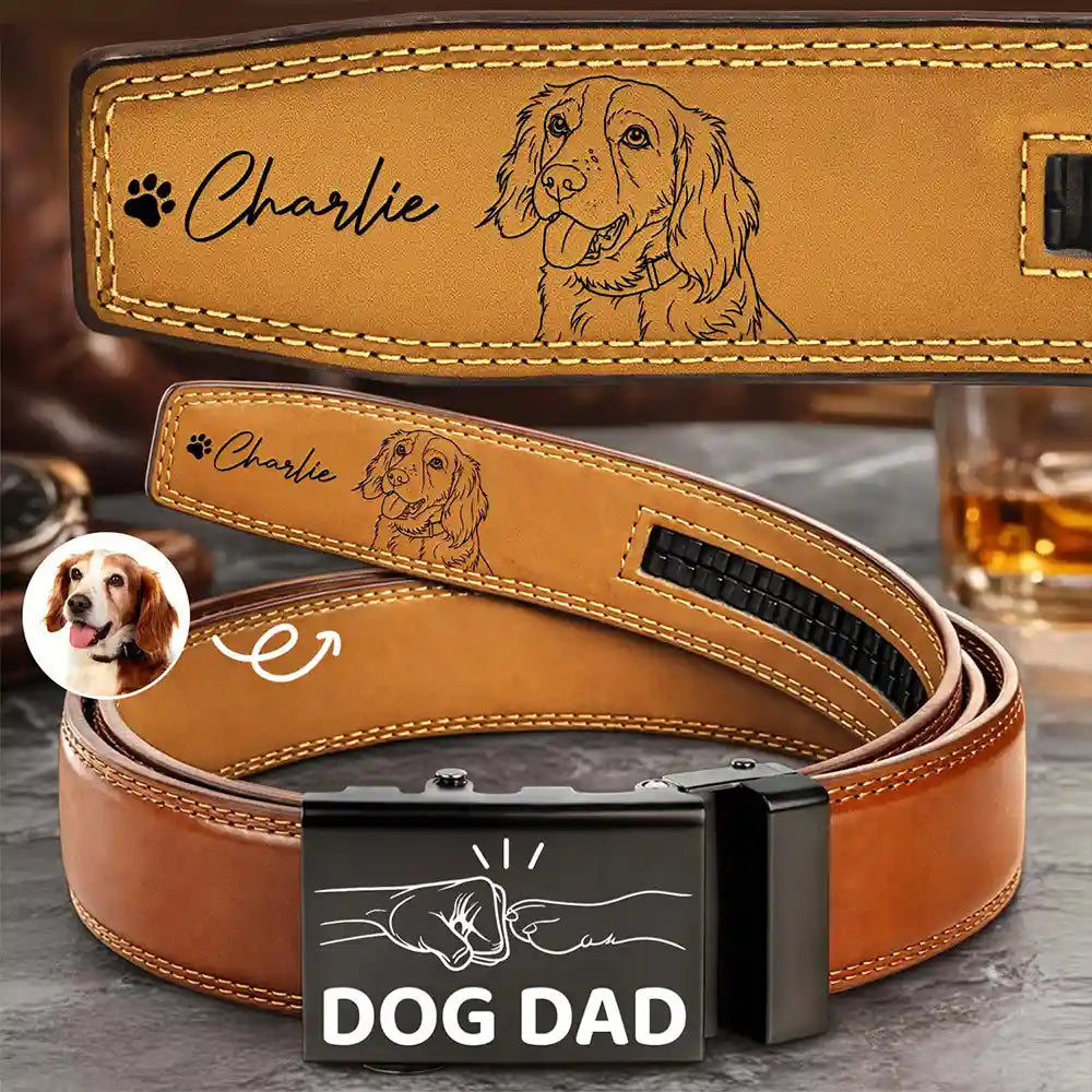 Custom Photo Pencil Sketch Dog Dad Cat Dad - Personalized Leather Belt With Engraved Buckle