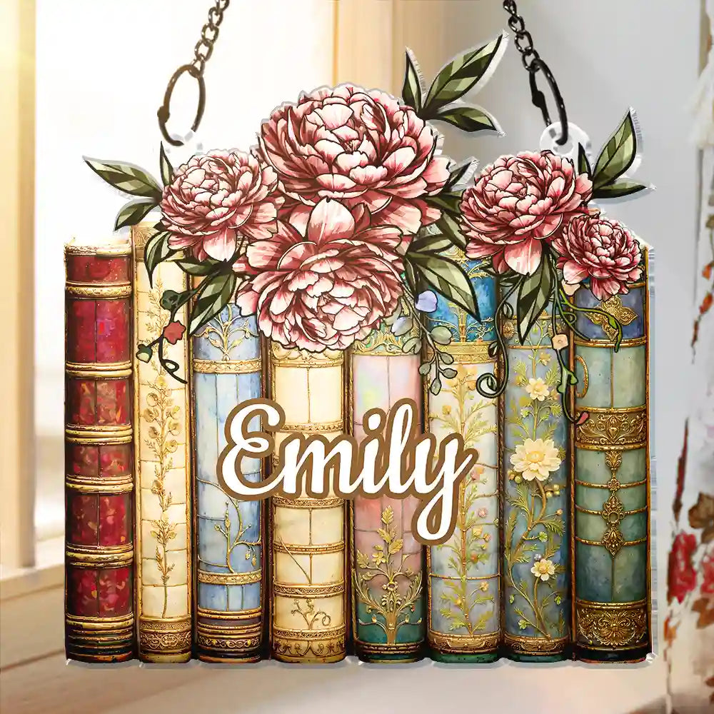 Birth Flower Reading Book Stack Stained Glass Effect - Personalized Window Hanging Suncatcher Ornament
