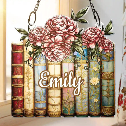 Birth Flower Reading Book Stack Stained Glass Effect - Personalized Window Hanging Suncatcher Ornament