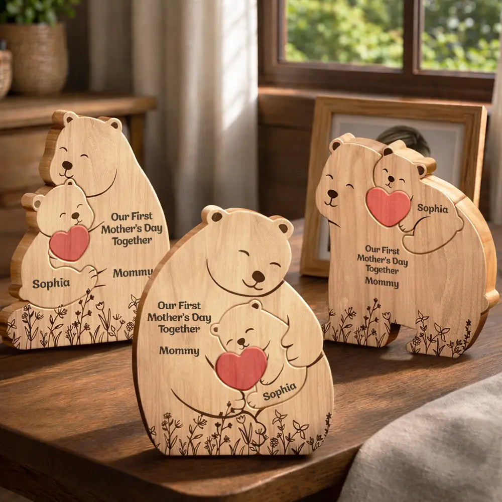 Hugging Mama Papa Bear & Baby Cub - Personalized Custom Shaped Wooden Puzzle