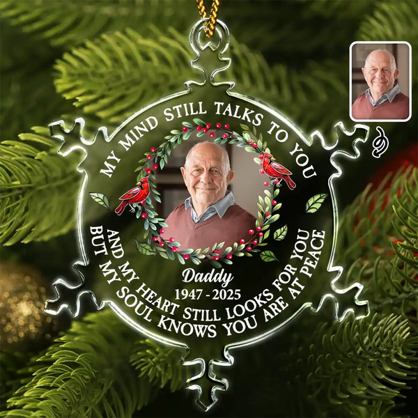 Family,Christmas,Memorial,Sad - Custom Photo My Mind Still Talks To You Memorial - Personalized Snowflakes Shaped Glass Ornament