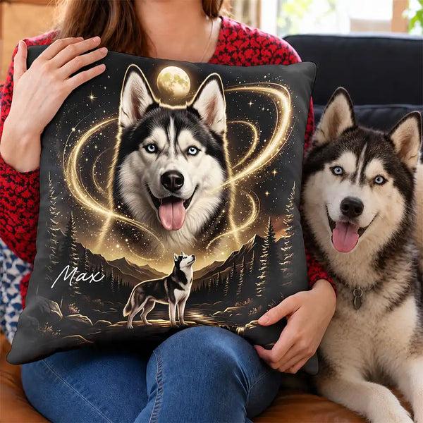 Art Design,Custom Photo,Indoor Decor,Pet Lovers,Photo - Moon Pet ,Playful - Gift For Dog Lovers - Personalized Custom Photo Moonlight Night Sky Portrait Pillow