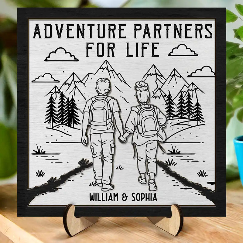 Gift For Couples,Gift For Husband,Old Couples,Gift For Wife,Gift For Boyfriend,Gift For Girlfriend,LGBT,Love - Adventure Partners For Life - Personalized 2-Layered Wooden Plaque With Stand