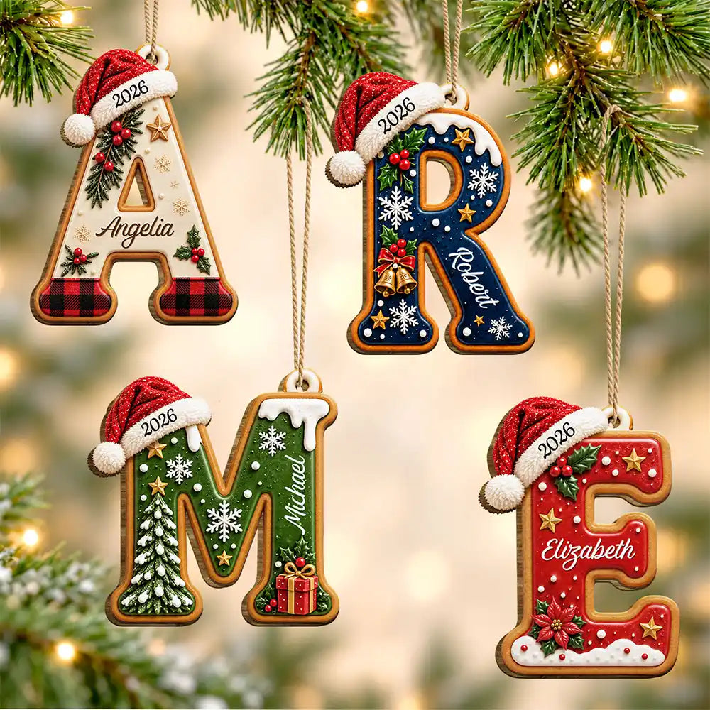 Sentimental,Christmas,Family,Icon - Custom Name Christmas Santa Hat Initial Letter Gift For Family - Personalized Custom Shaped Wooden Ornament