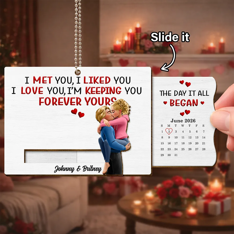 Gift For Couples,Old Couples,Gift For Husband,Gift For Wife,Gift For Boyfriend,Gift For Girlfriend,Love - Calendar I Met You Liked You Love You Forever - Personalized Hanging Wooden Slide Card