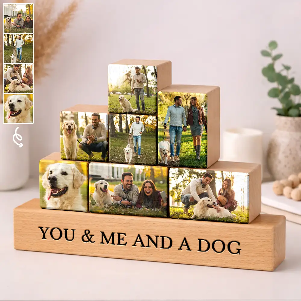 Pet Lovers,Pet Mom,Pet Dad,Pet Couple,Dog Lovers,Dog Mom,Dog Dad,Dog Couple,Cat Lovers,Cat Mom,Cat Dad,Cat Couple - Custom Photo Cute Dog Cat For Pet Lover - Personalized Wooden Stacking Photo Blocks