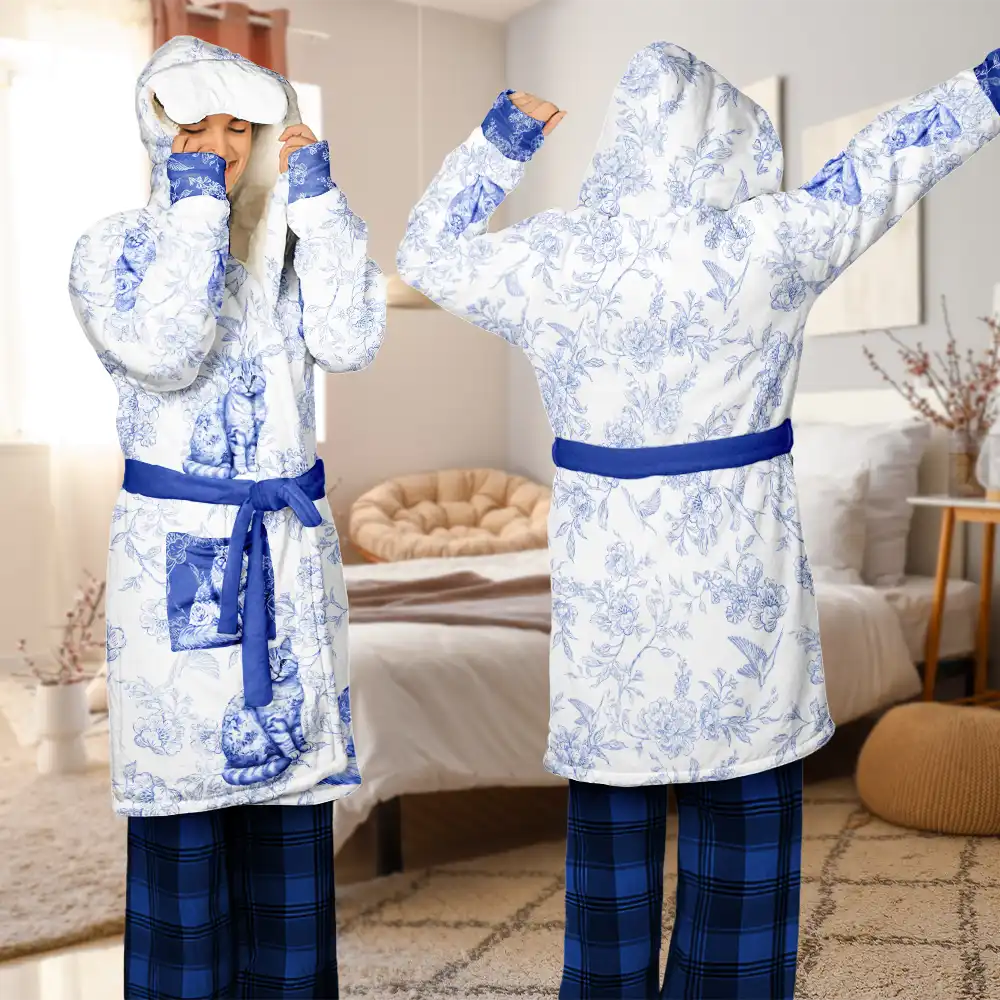 Cat Mom Toile De Jouy Cats - Personalized Hooded Robe