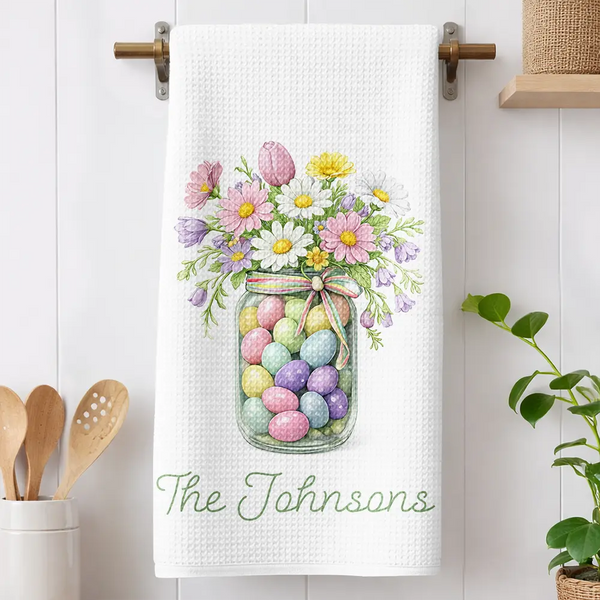 Easter,Gift For Wife,Parents,Gift For Grandma,Gift For Grandparents,Gift For Mother,Family - Happy Easter Egg Bunny Chicken - Personalized Kitchen Towel