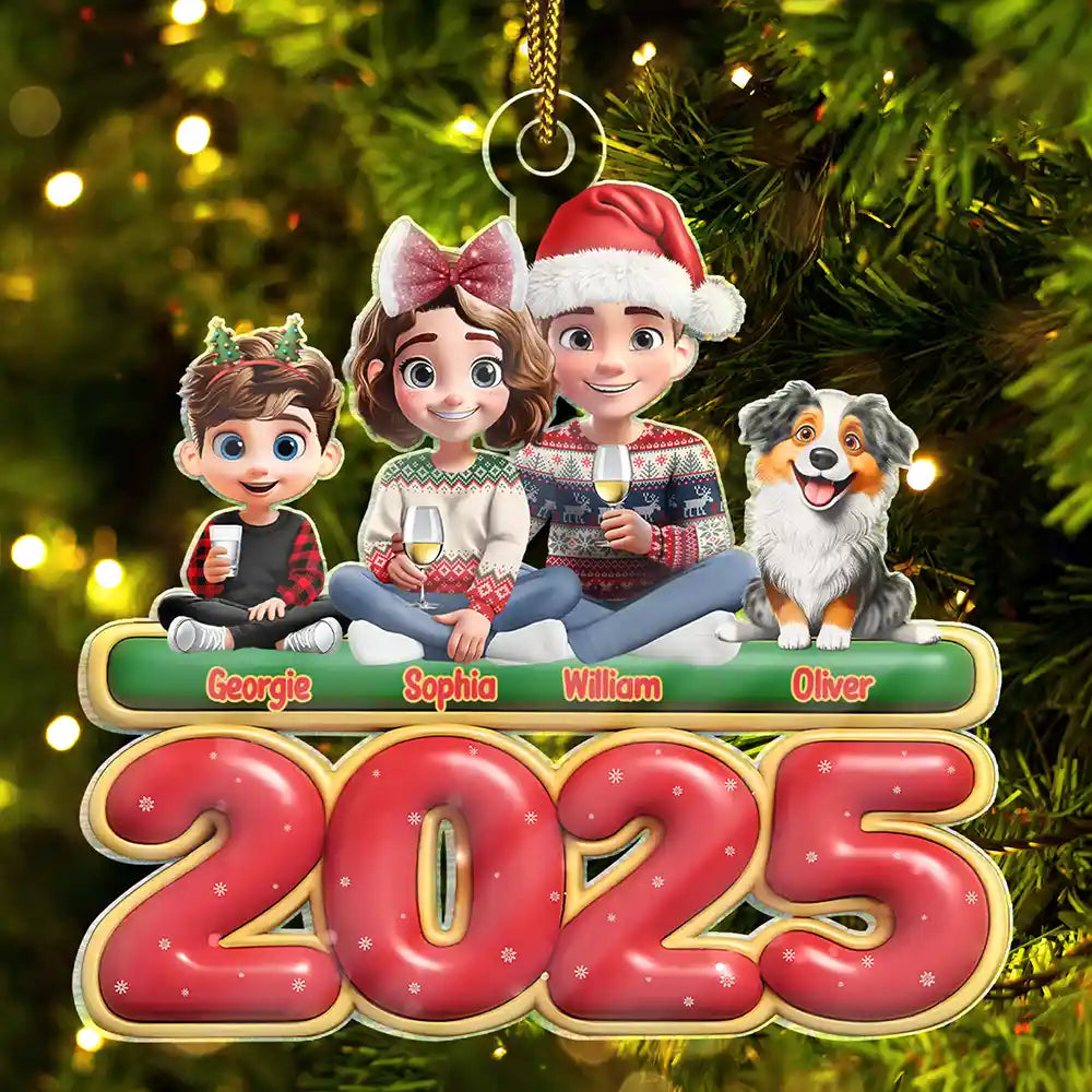 Gift For Couples,Family,Parents,Christmas,Pet Couple - Cute Couple With Kids And Dogs Cats 3D Effect - Personalized Custom Shaped Acrylic Ornament