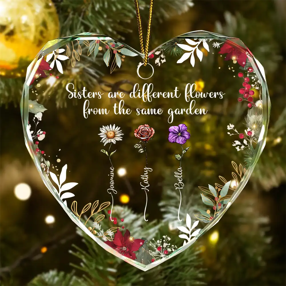 Family Are Different Flowers From The Same Garden - Personalized Heart Shaped Glass Ornament