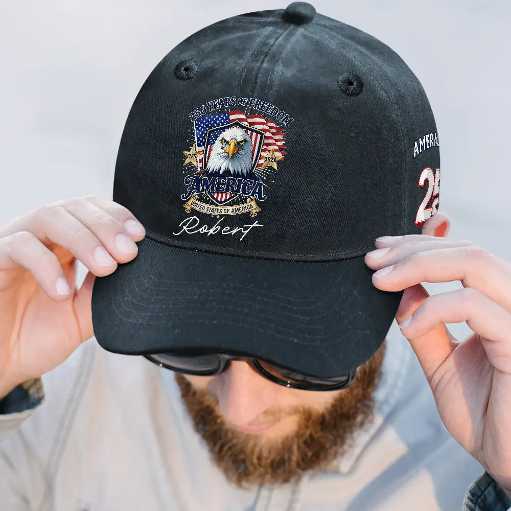 Independence Day,America 250th,Gift For Men,Icon,Proud - America 250th Anniversary US Pride Patriotic Eagle - Personalized Vintage Washed Denim Cap