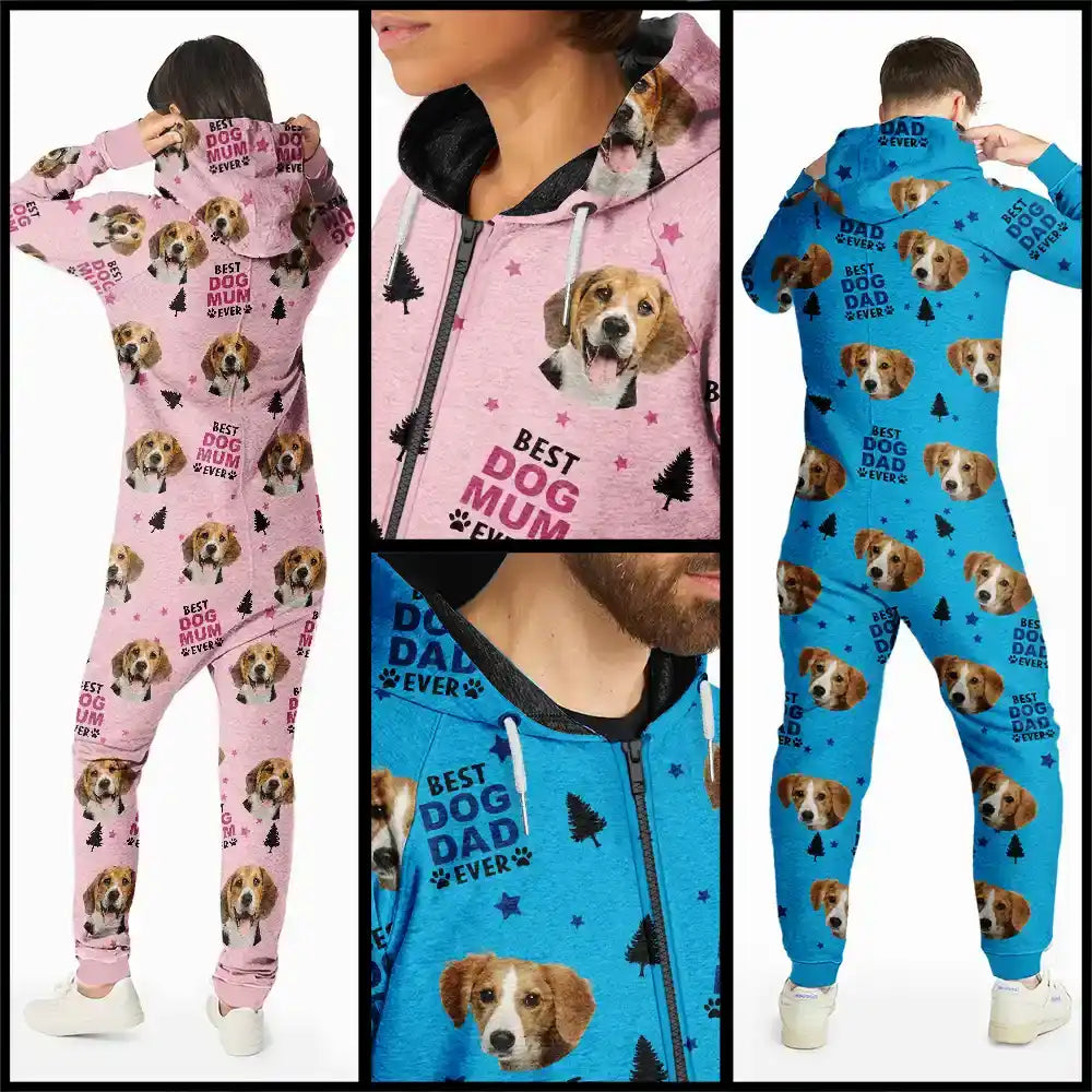 Pet Lovers, Custom Photo, Happy - Custom Photo Best Dog Cat Dad Mom Ever - Personalized Overall Onesie Hooded Jumpsuit