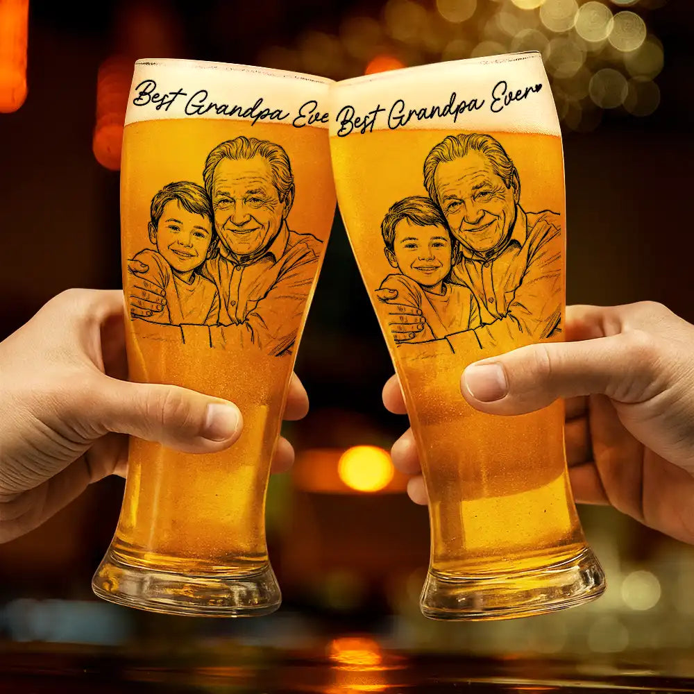 Gift For Father,Gift For Grandpa,Non-Eng,Photo - Pencil Sketch (Bold),Proud - Custom Photo Bold Sketch Best Dad Grandpa Ever Family Portrait - Personalized Pilsner Glass