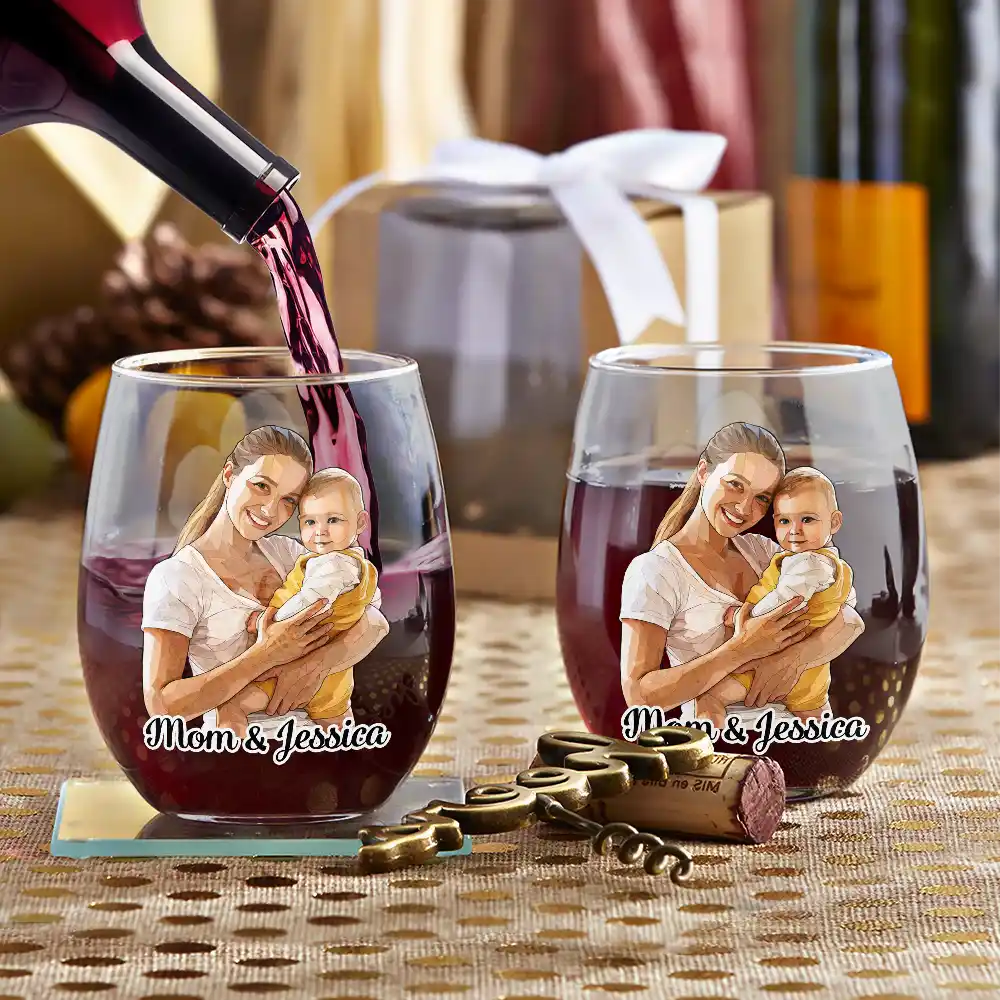 Gift For Wife,Gift For Mother,Gift For Grandma,Gift For Grandparents,Family,Love - Custom Photo Stained Glass Portrait Mom Grandma Parents Family - Personalized Stemless Wine Glass