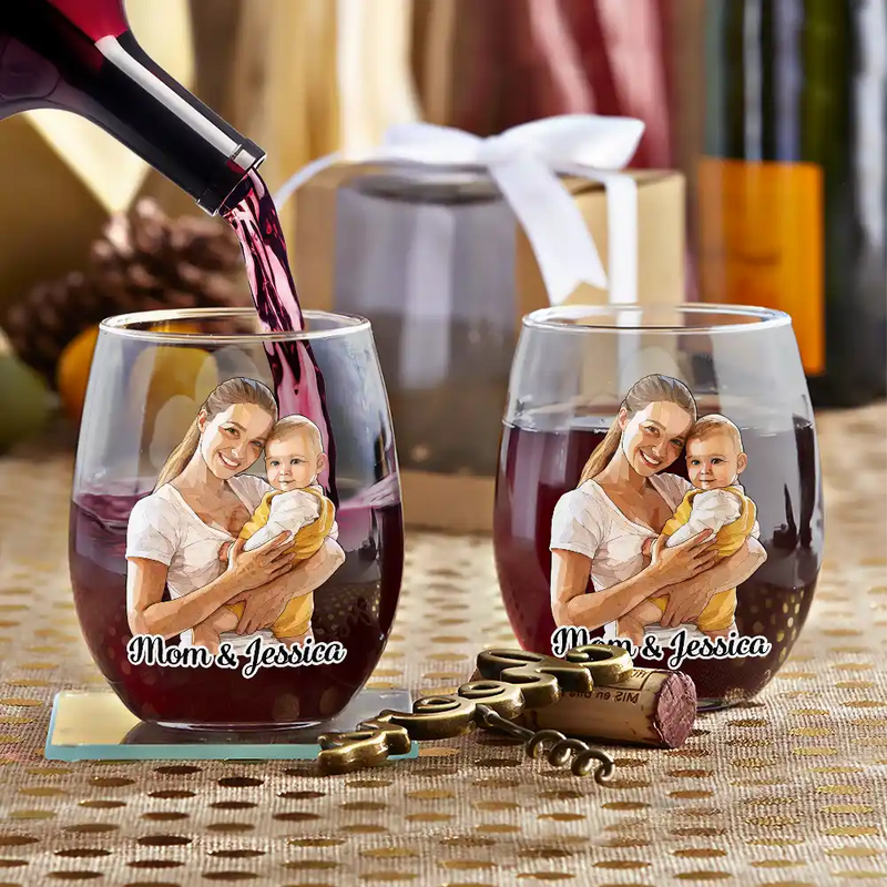 Gift For Wife,Gift For Mother,Gift For Grandma,Gift For Grandparents,Family,Love - Custom Photo Stained Glass Portrait Mom Grandma Parents Family - Personalized Stemless Wine Glass