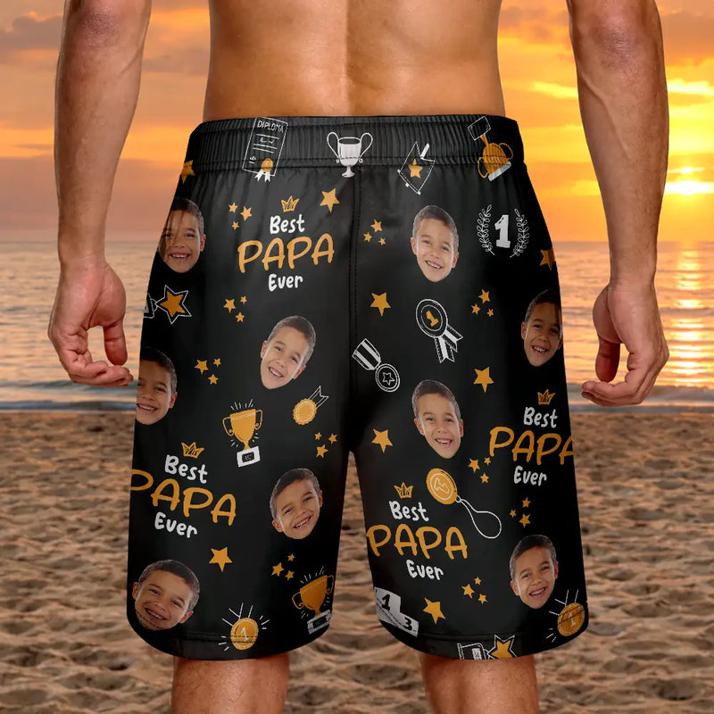 Custom Photo Best Papa Ever Trophy Dad - Personalized Unisex Beach Shorts