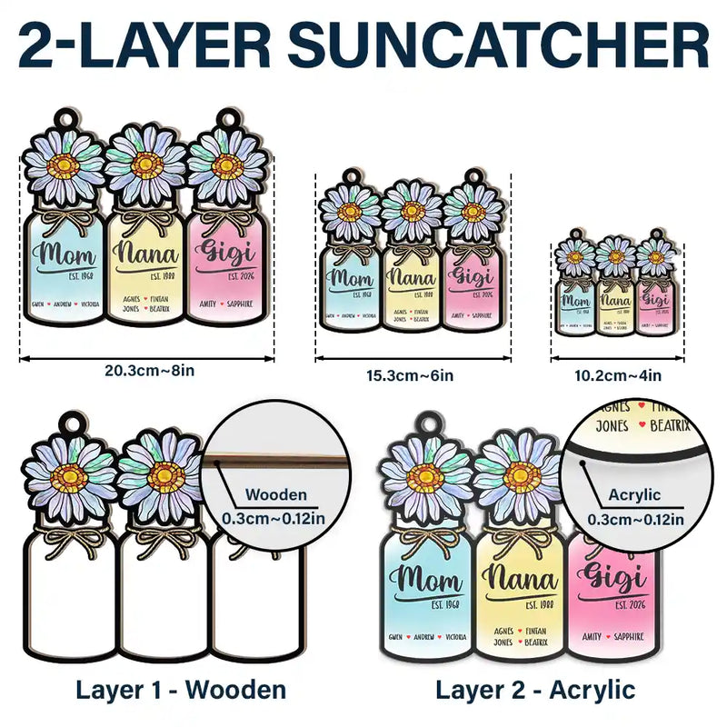 Flower Mason Jar Mom Grandma Great Grandma - Personalized Window Hanging Suncatcher Ornament