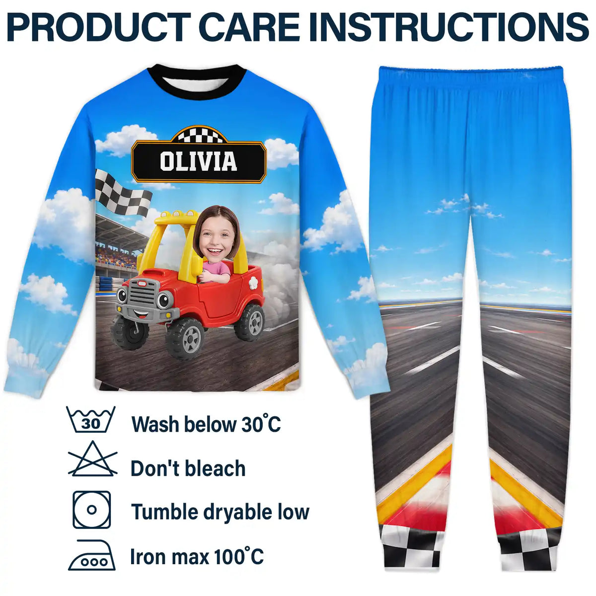 Car,Christmas,Custom Photo,Cut-Face Photo,Gift For Kids,Playful,Top Market,Truck - Gift For Kids Boys - Personalized Custom Photo Photo & Name Race Car Driver With Lightning Kid Pajamas Set