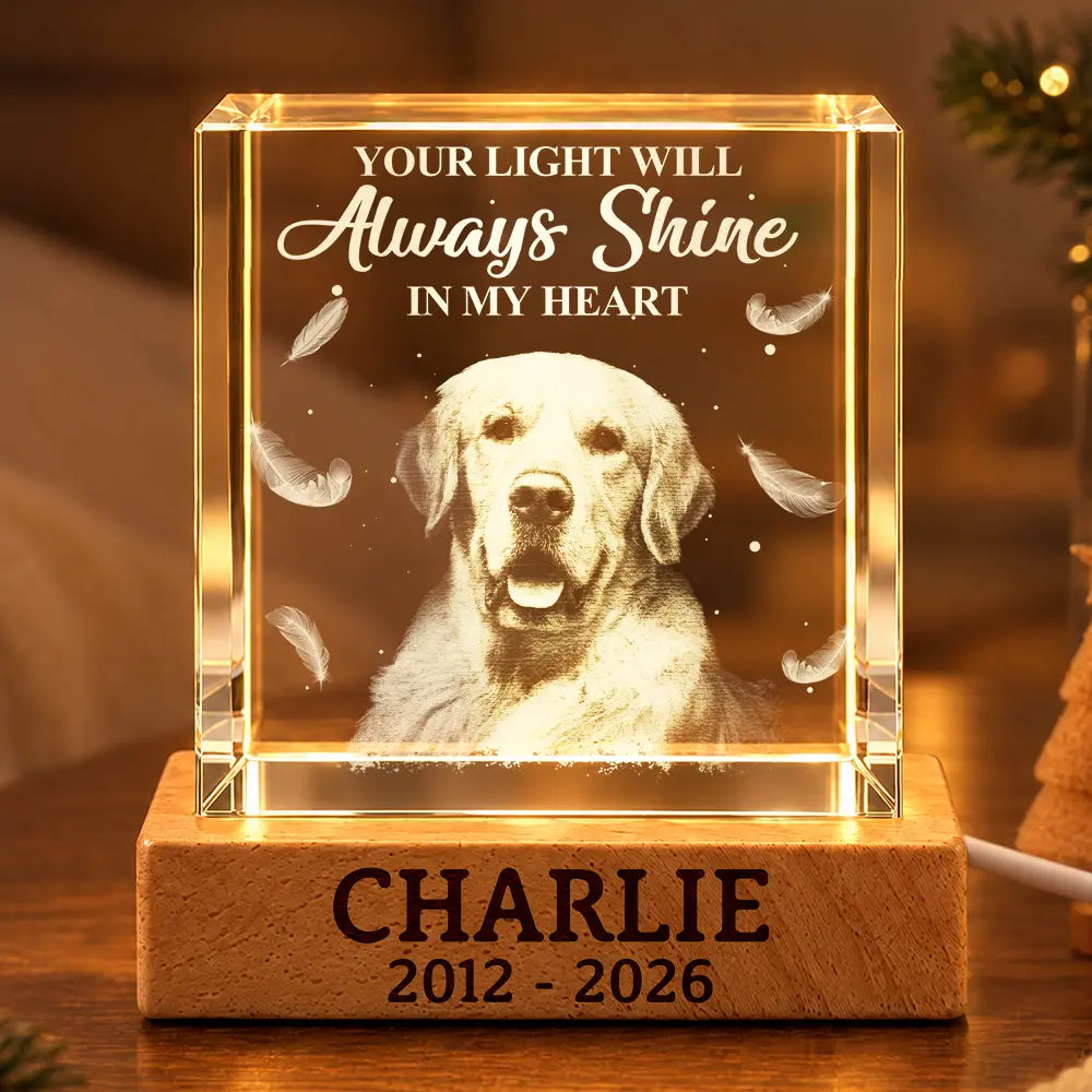 Pet Memorial Gift For Dog Lovers - Personalized Custom Photo Your Light Will Always Shine Crystal Cube Lamp