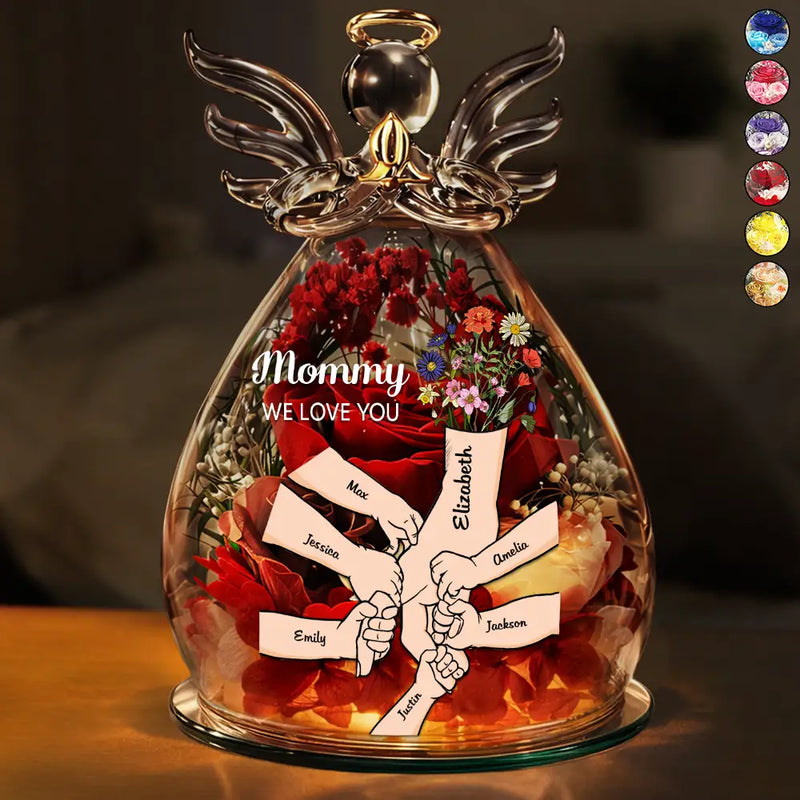 Mom Grandma We Love You - Personalized Flower In Glass Angel Figurine