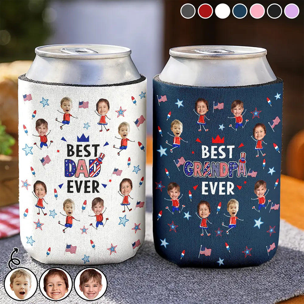 Custom Photo Stars & Stripes Best Dad Mom Grandpa Grandma Ever - Personalized Can Cooler Sleeve