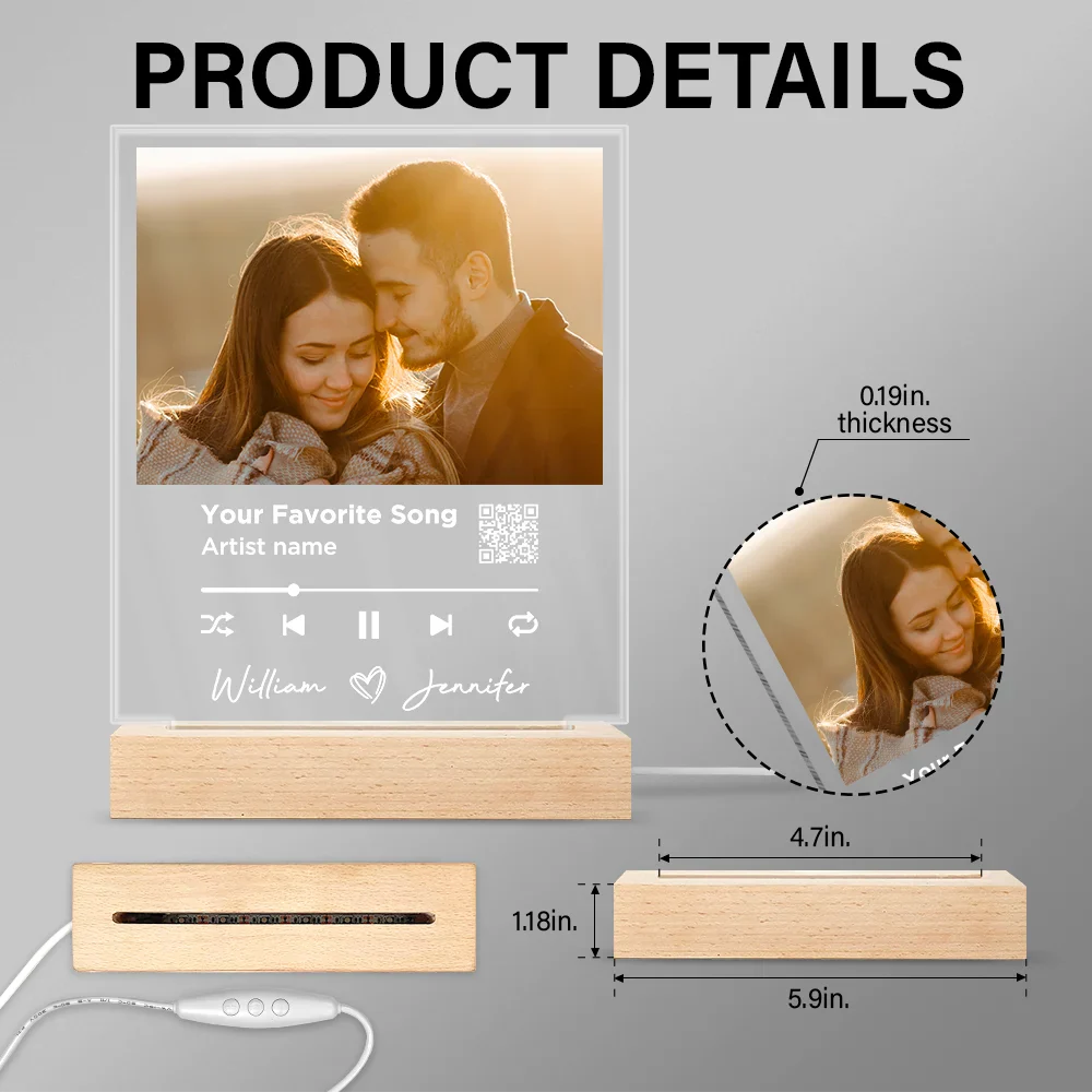 Custom Photo Song QR Code - Personalized 3D Led Light Wooden Base