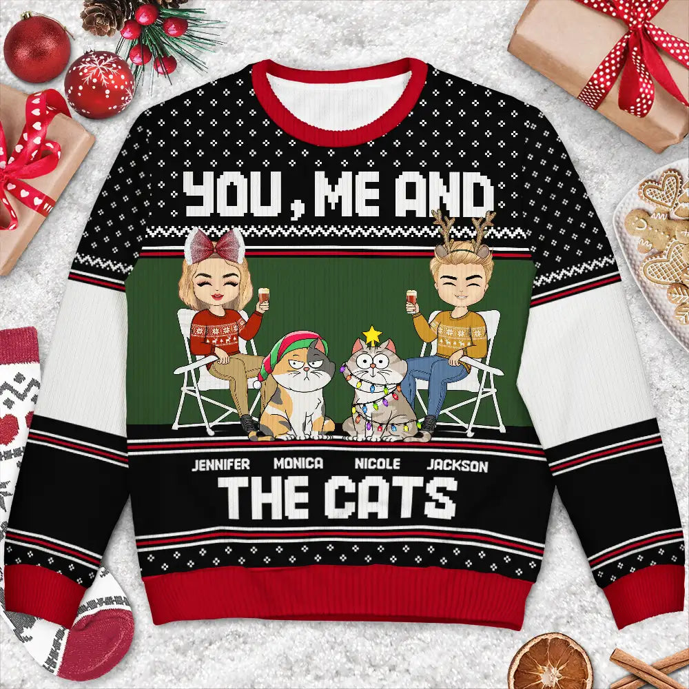 You, Me And The Cat - Personalized Unisex Ugly Sweater