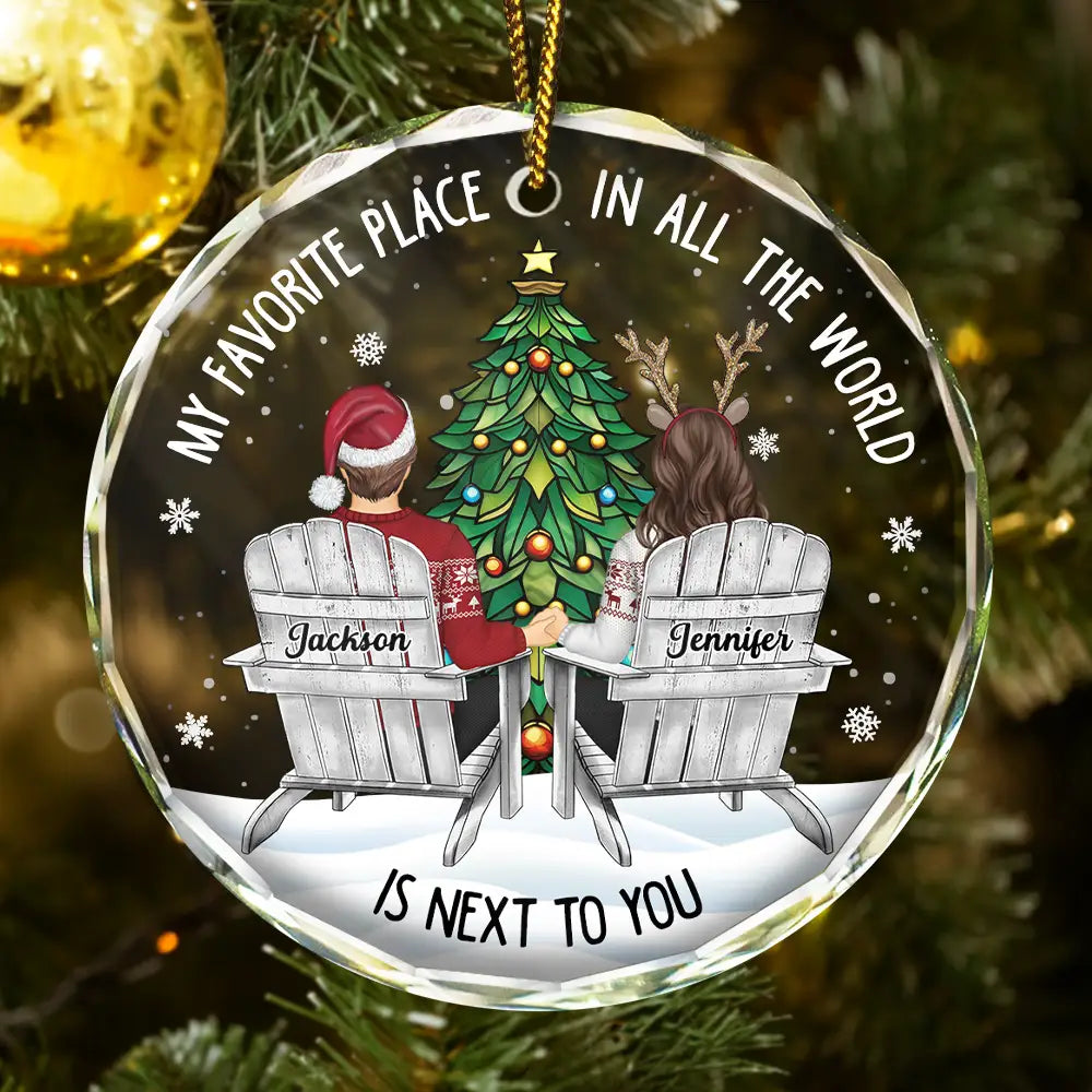 Gift For Couples - Couple Sitting Christmas Favorite Place In All The World - Personalized Circle Glass Ornament