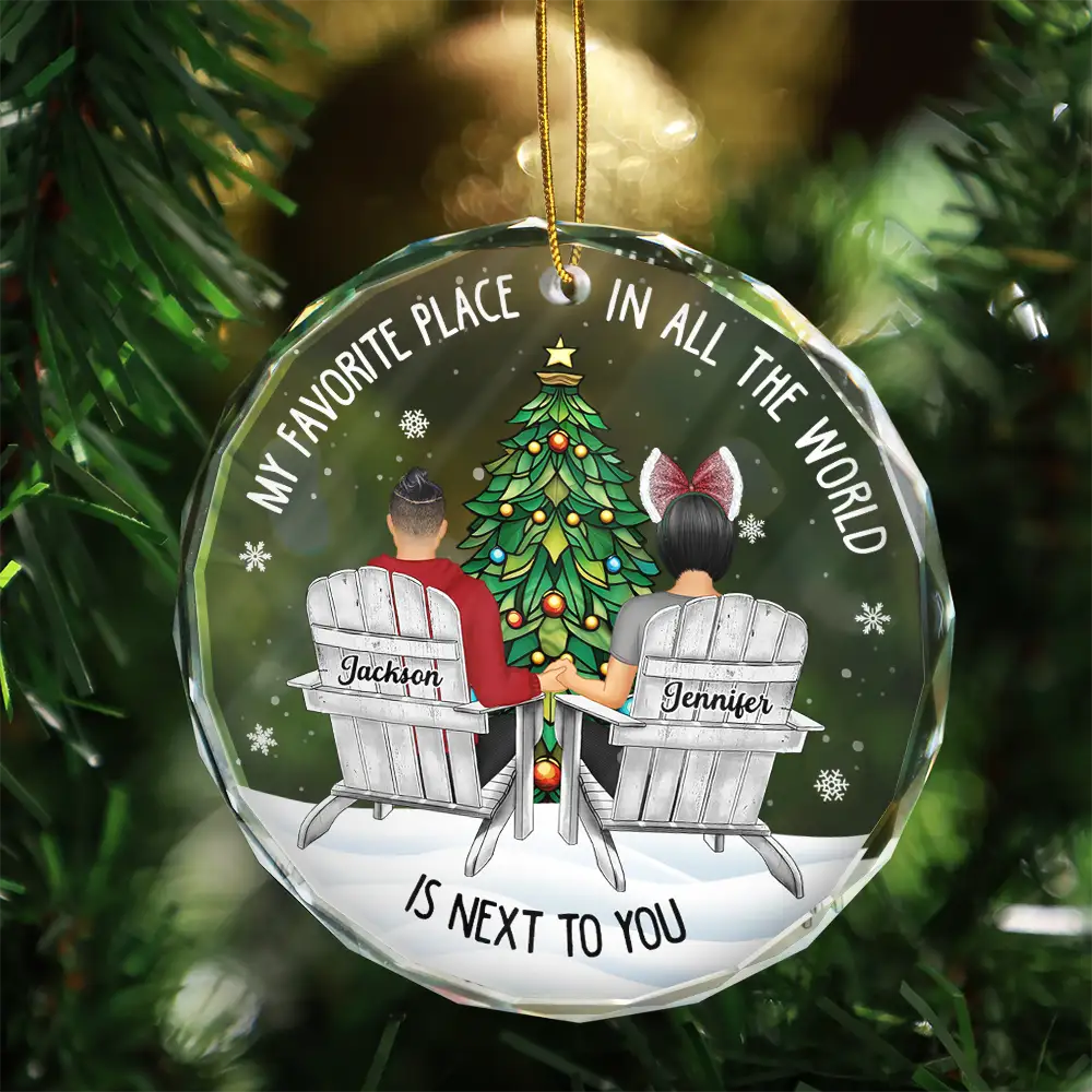Gift For Couples - Couple Sitting Christmas Favorite Place In All The World - Personalized Circle Glass Ornament