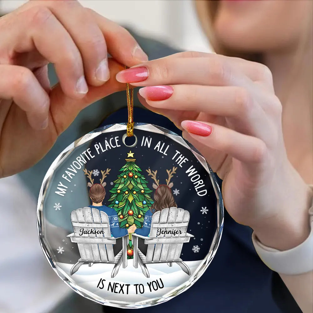 Gift For Couples - Couple Sitting Christmas Favorite Place In All The World - Personalized Circle Glass Ornament