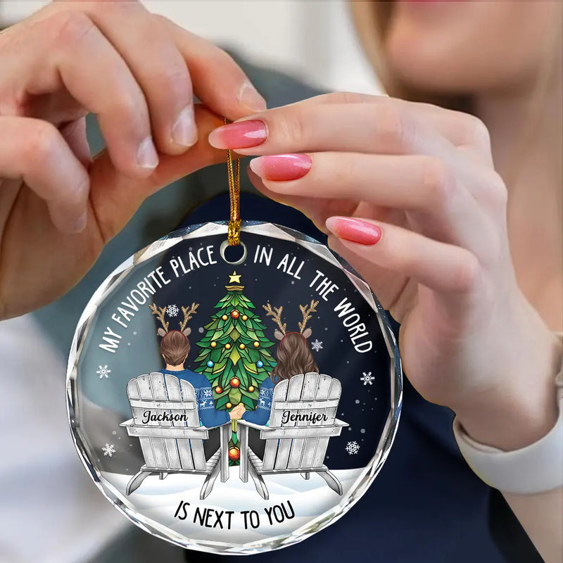 Gift For Couples - Couple Sitting Christmas Favorite Place In All The World - Personalized Circle Glass Ornament