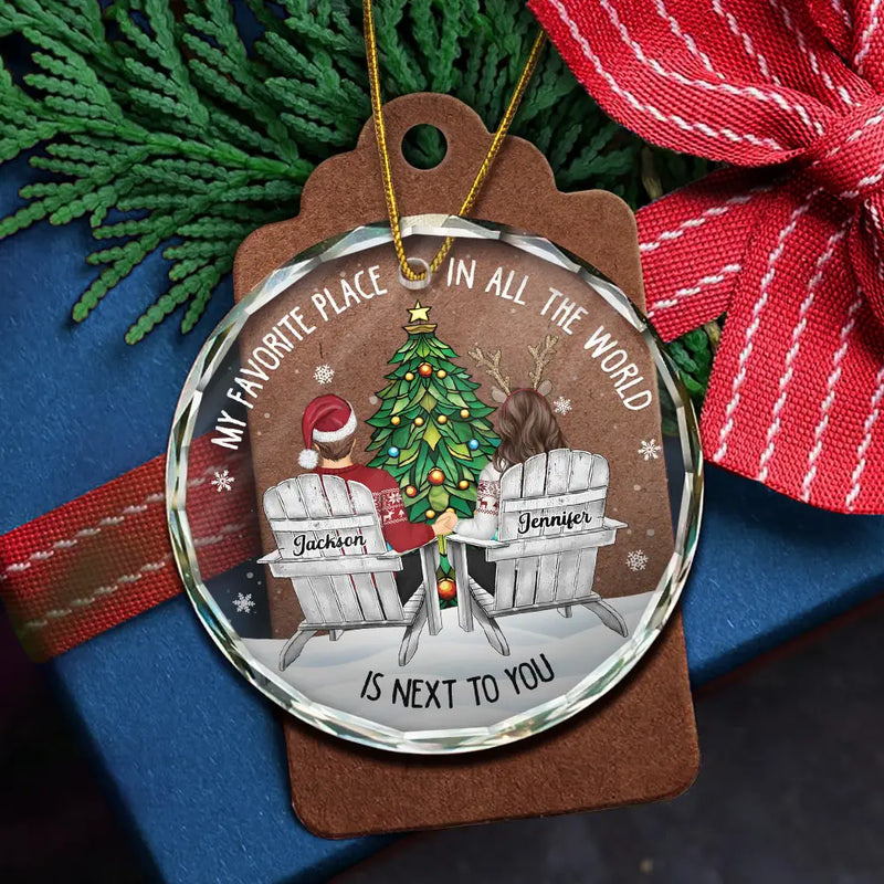 Gift For Couples - Couple Sitting Christmas Favorite Place In All The World - Personalized Circle Glass Ornament