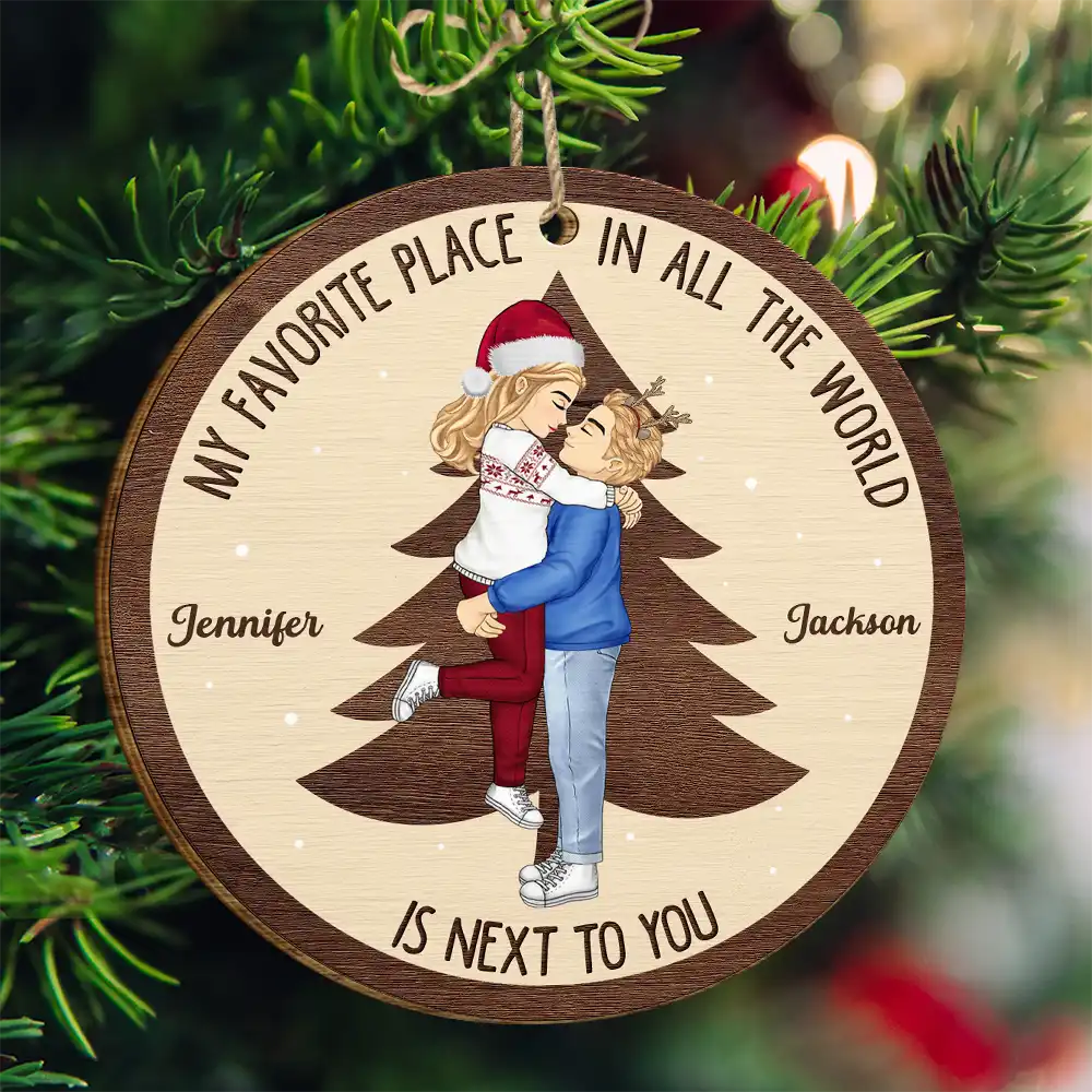 Christmas Couple My Favorite Place In All The World - Personalized Custom Shaped Wooden Ornament