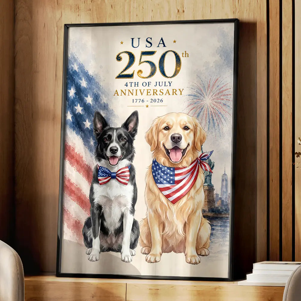 America 250th,Custom Photo,Independence Day,Art Design,Pet Lovers,Playful,Photo - US Theme Accessories Watercolor - Custom Photo Watercolor With US Accessories 250th Anniversary Fourth Of July - Personalized Poster