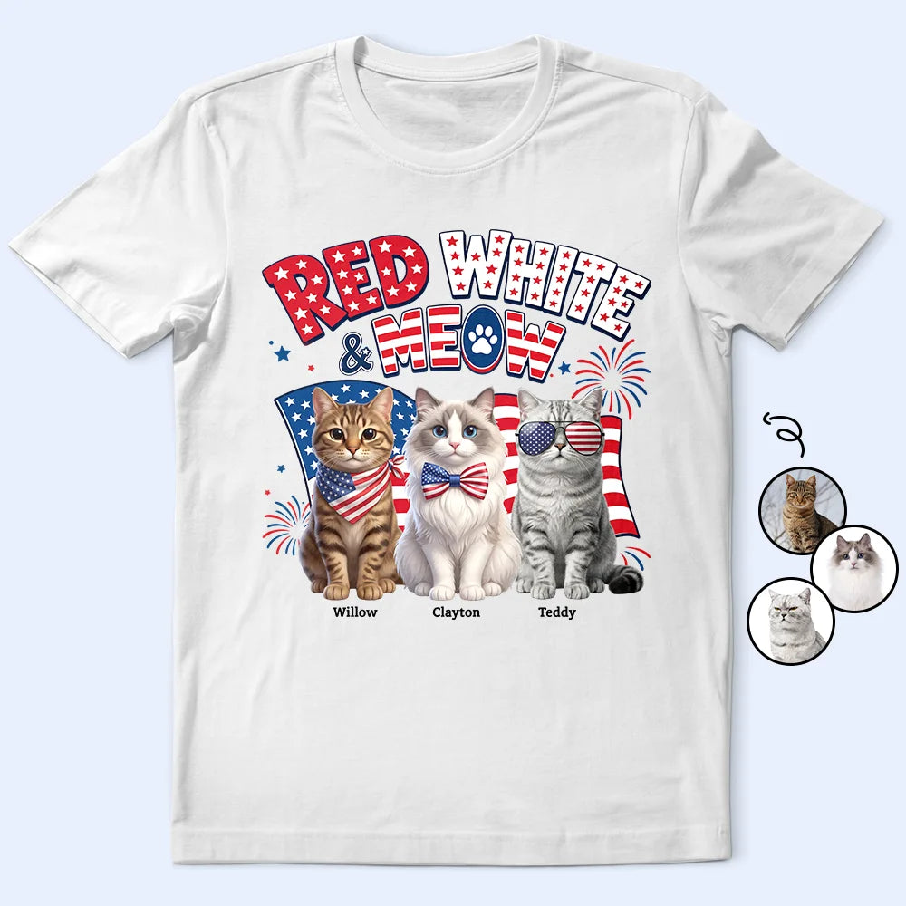 Custom Photo 3D Cartoon With US Accessories Red White Meow - Personalized T Shirt