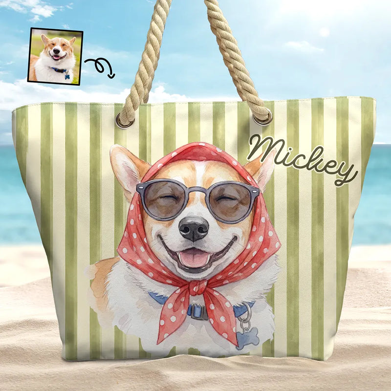 Custom Photo, Art Design, Summer, Pet Lovers, Playful, Photo - Watercolor Summer Pet With Accessories - Custom Photo Watercolor Pet With Summer Accessories Pet Portrait - Personalized Beach Bag