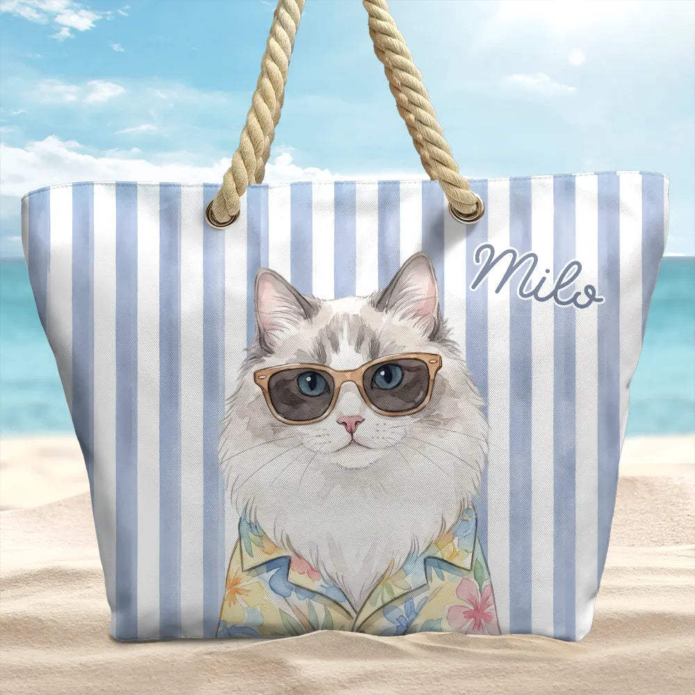 Custom Photo, Art Design, Summer, Pet Lovers, Playful, Photo - Watercolor Summer Pet With Accessories - Custom Photo Watercolor Pet With Summer Accessories Pet Portrait - Personalized Beach Bag