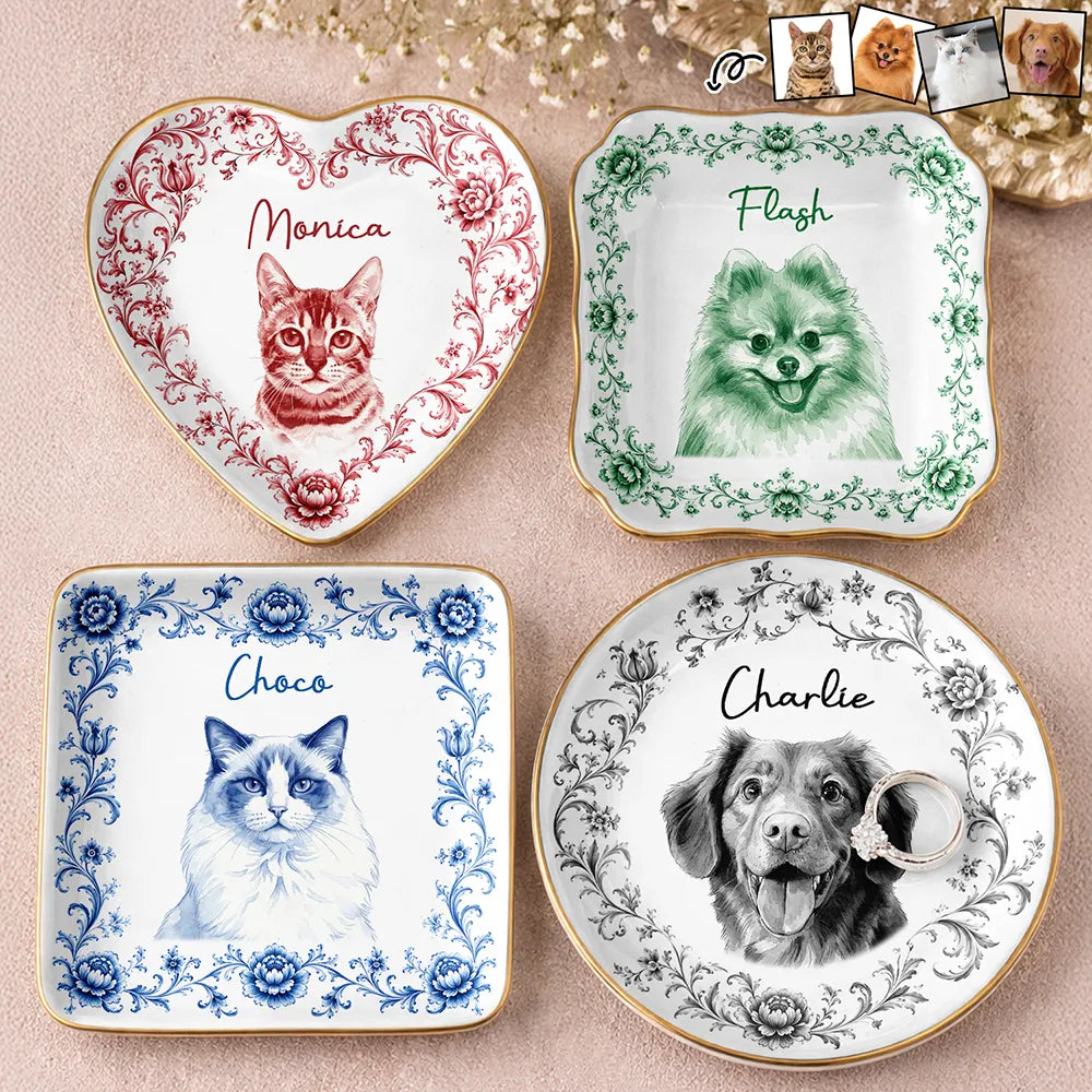 Custom Photo Single-Color Watercolor Loving Dog Cat Pet Portrait - Personalized Ring Dish