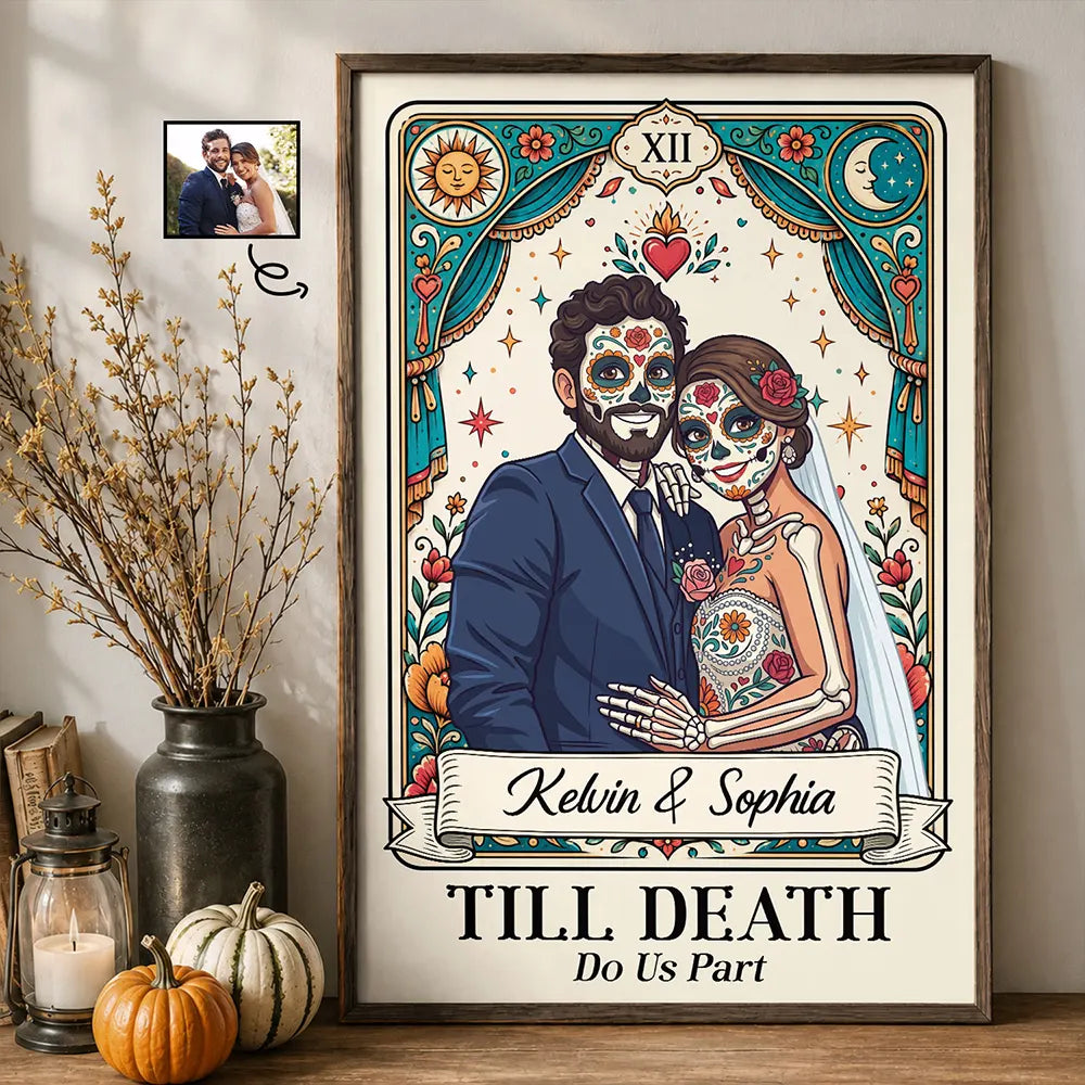 Custom Photo Sugar Skull Cartoon Couple Till Death Do Us Part - Personalized Poster