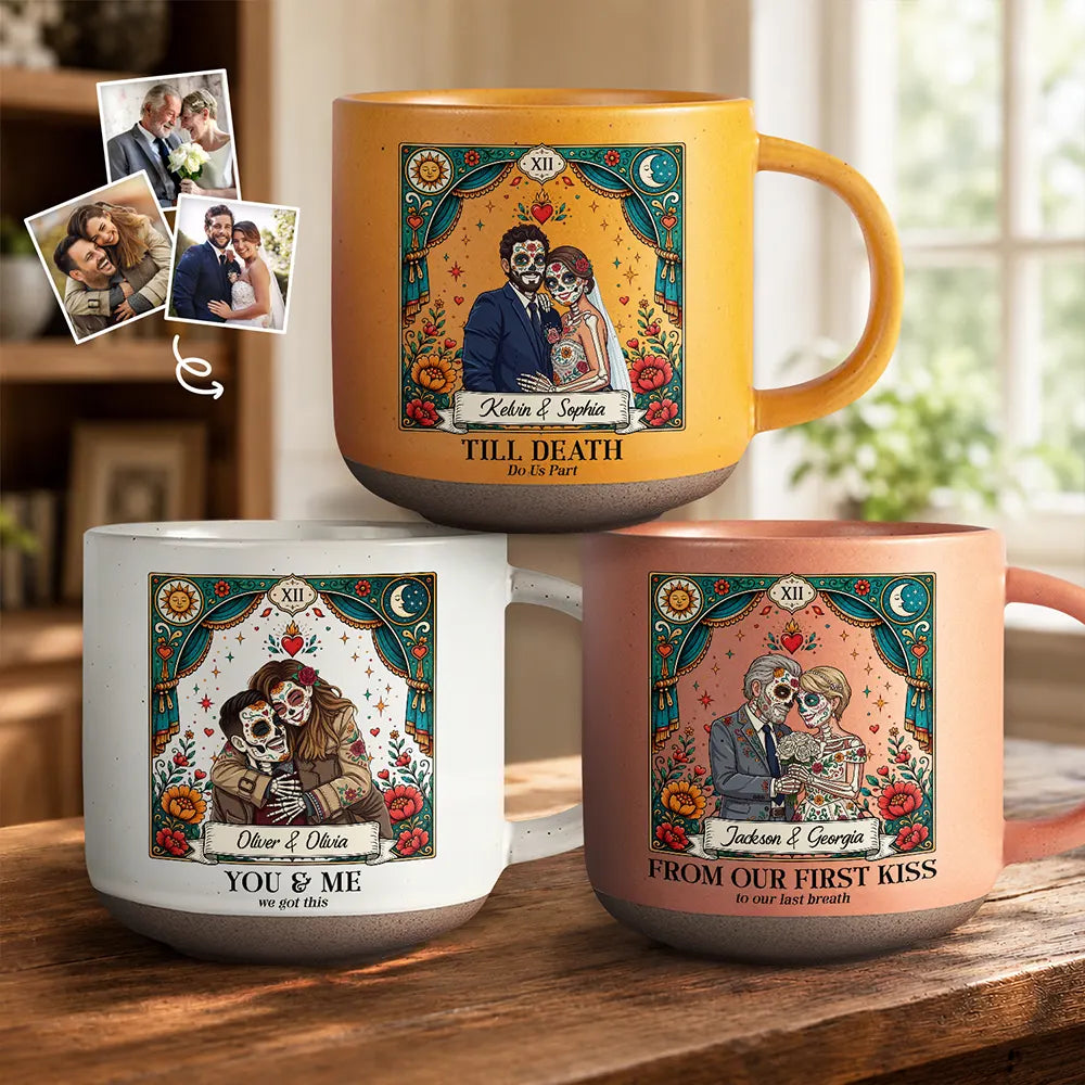 Custom Photo Sugar Skull Cartoon Till Death Do Us Part - Personalized Pottery Mug