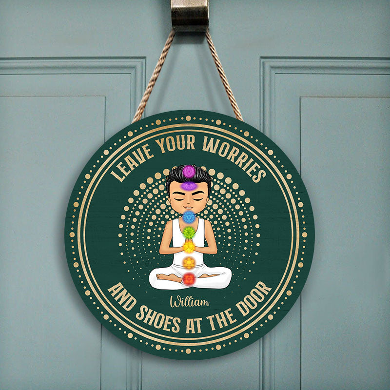 Leave Your Worries & Shoes - Gift For Yoga Lovers - Personalized Custom Wood Circle Sign