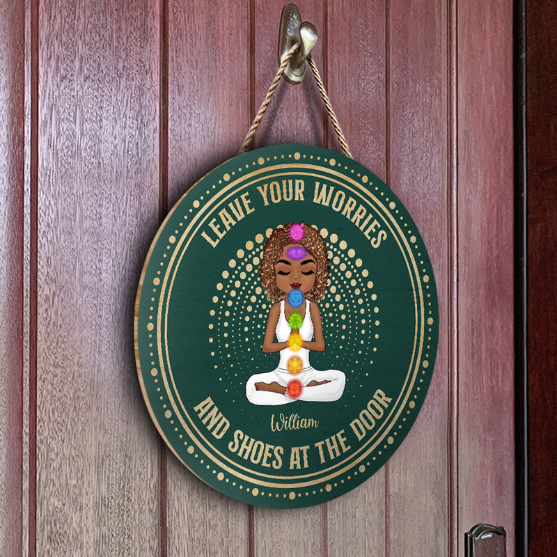 Leave Your Worries & Shoes - Gift For Yoga Lovers - Personalized Custom Wood Circle Sign